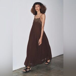 Zara Beaded & Embroidered Pleated Maxi Dress